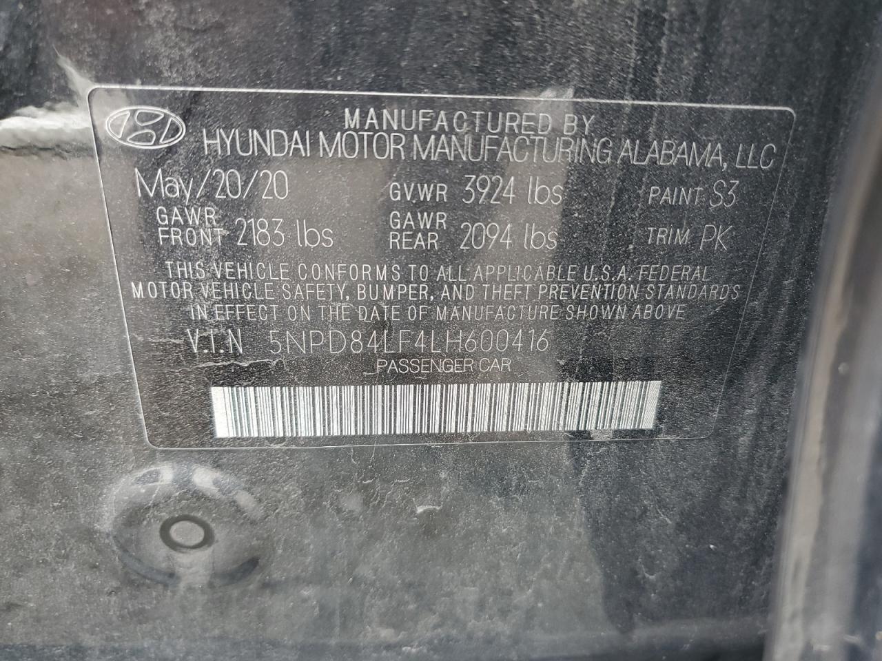 2020 Hyundai Elantra Sel VIN: 5NPD84LF4LH600416 Lot: 81639435