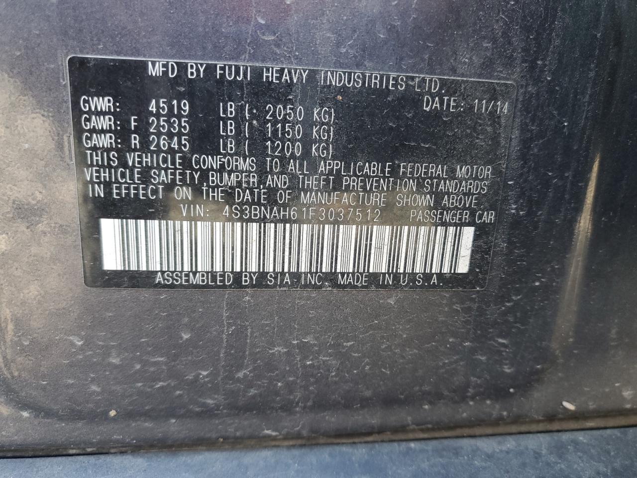 2015 Subaru Legacy 2.5I Premium VIN: 4S3BNAH61F3037512 Lot: 71452645