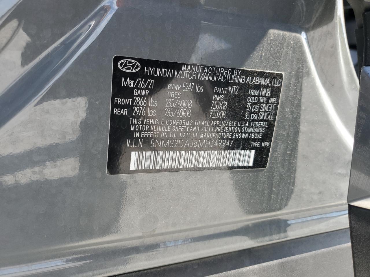 2021 Hyundai Santa Fe Sel VIN: 5NMS2DAJ8MH349947 Lot: 80290135
