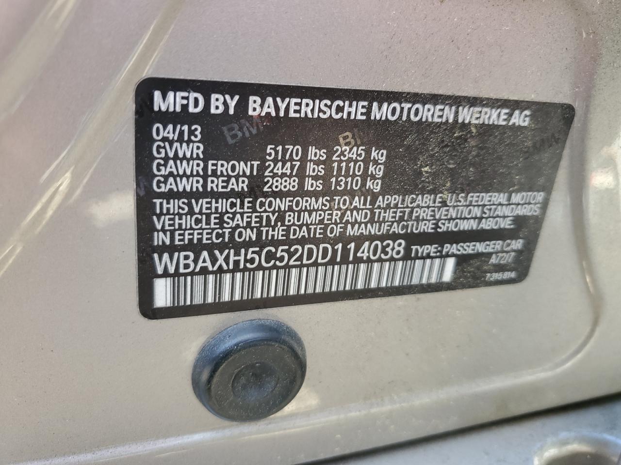 2013 BMW 528 Xi VIN: WBAXH5C52DD114038 Lot: 70888935