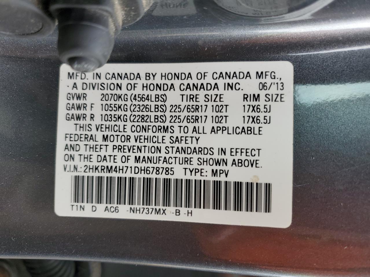 2013 Honda Cr-V Exl VIN: 2HKRM4H71DH678785 Lot: 84401965