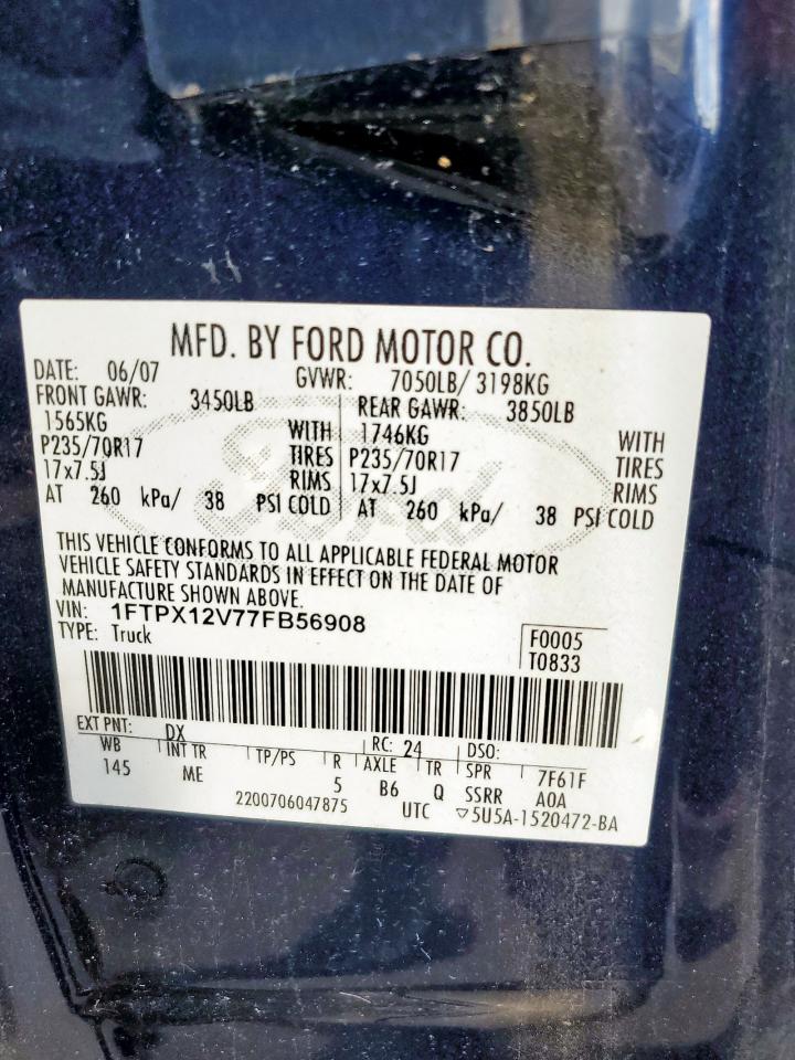2007 Ford F150 VIN: 1FTPX12V77FB56908 Lot: 83762985