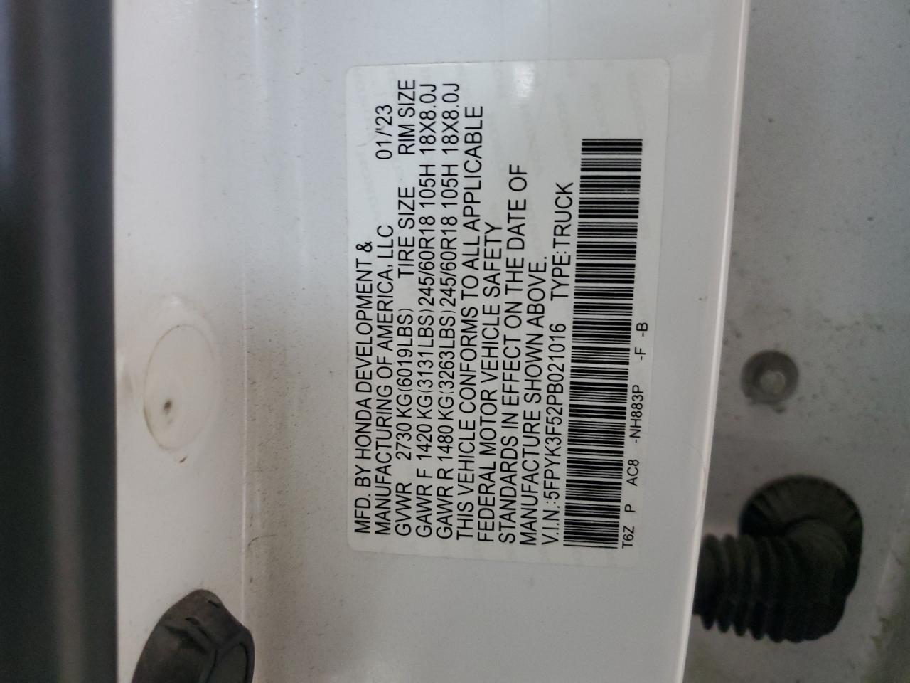 2023 Honda Ridgeline Rtl VIN: 5FPYK3F52PB021016 Lot: 83980155