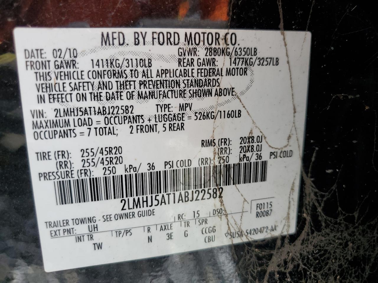 2010 Lincoln Mkt VIN: 2LMHJ5AT1ABJ22582 Lot: 81231725