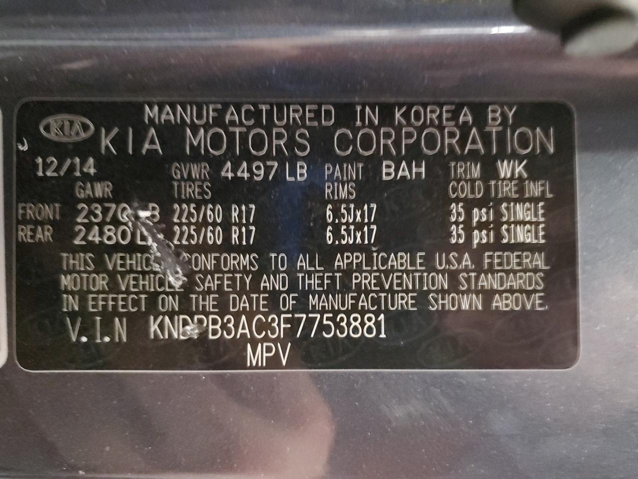 2015 Kia Sportage Lx VIN: KNDPB3AC3F7753881 Lot: 81001065