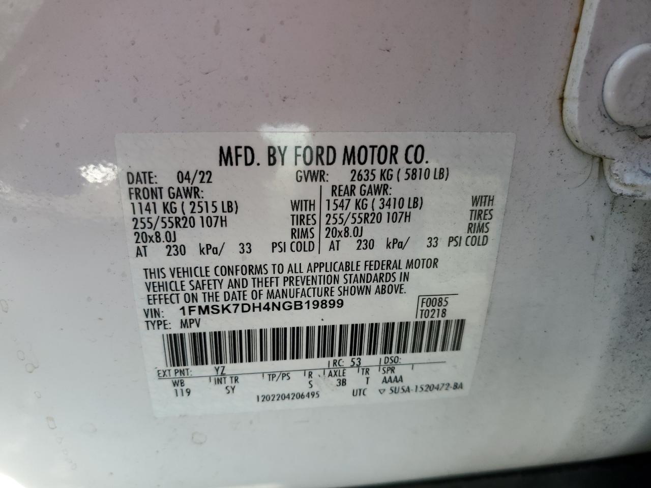 2022 Ford Explorer Xlt VIN: 1FMSK7DH4NGB19899 Lot: 82049235