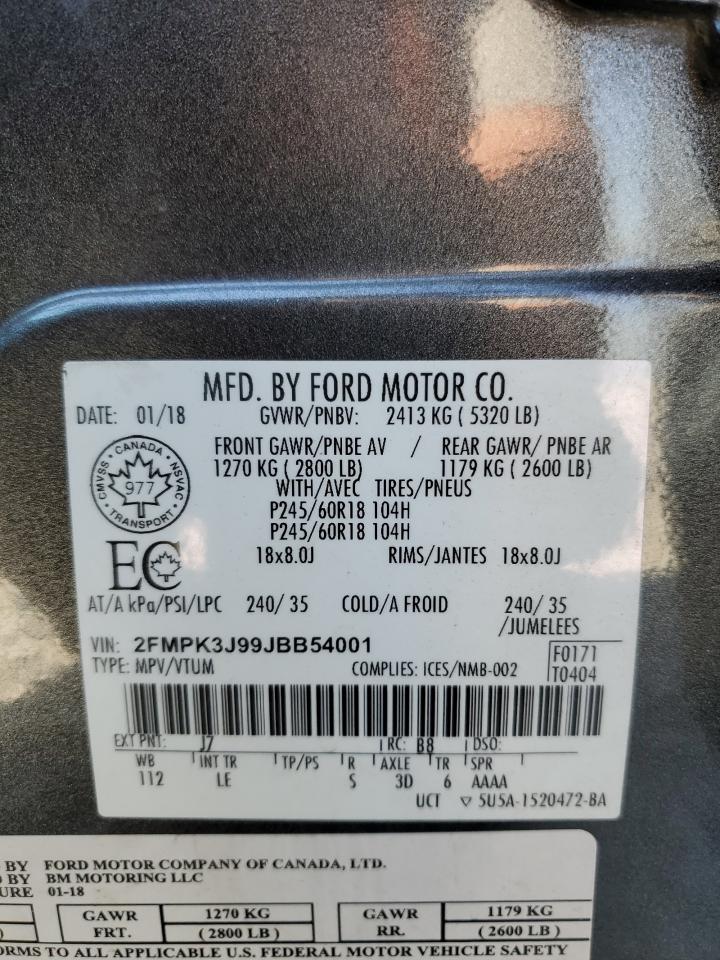 2018 Ford Edge Sel VIN: 2FMPK3J99JBB54001 Lot: 81418155