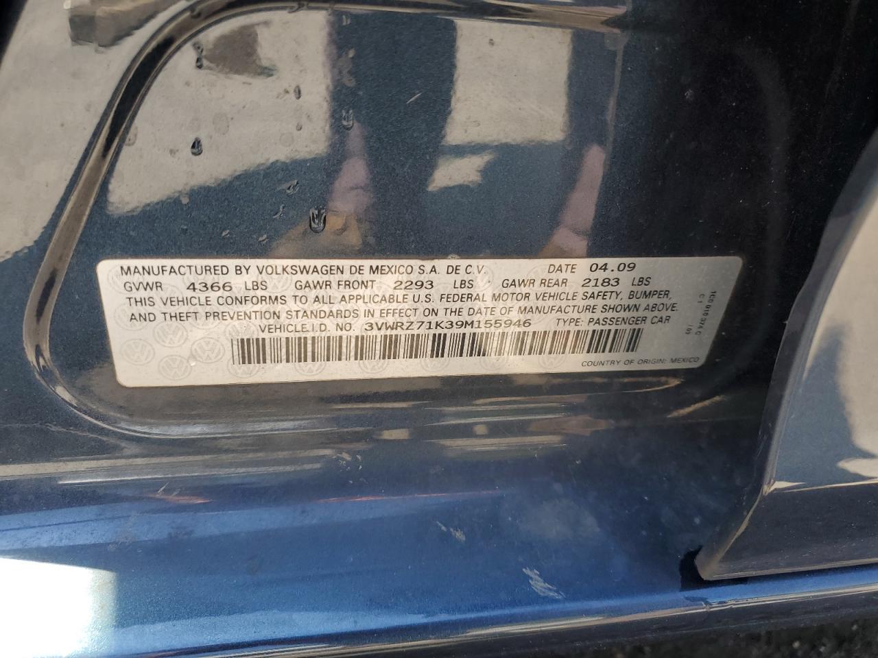 2009 Volkswagen Jetta Se VIN: 3VWRZ71K39M155946 Lot: 71544595