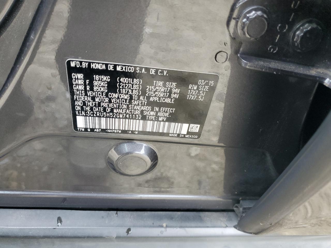 2016 Honda Hr-V Ex VIN: 3CZRU5H52GM741132 Lot: 80178295