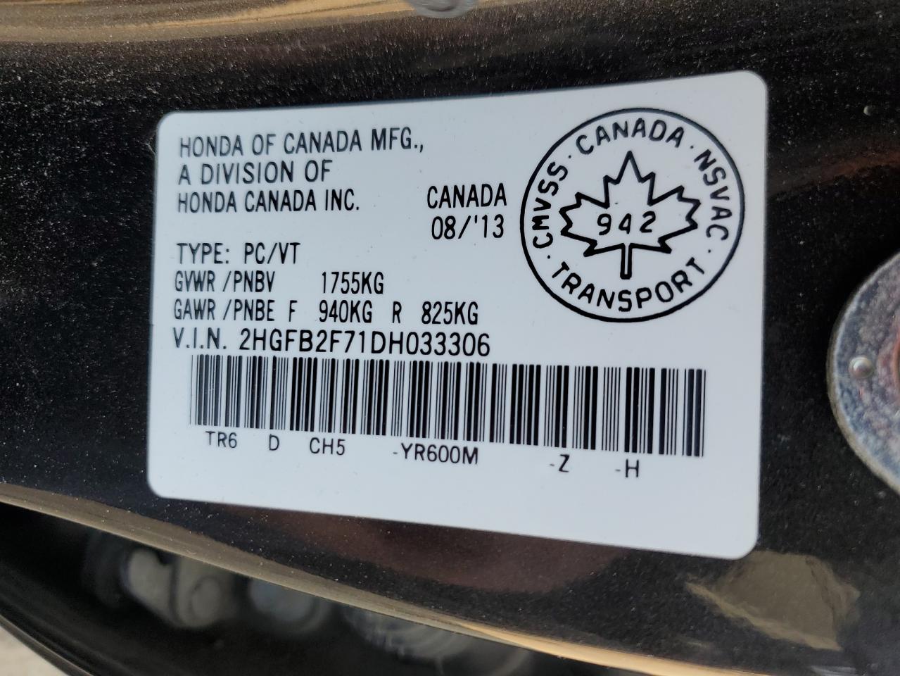 2013 Honda Civic Touring VIN: 2HGFB2F71DH033306 Lot: 71931405