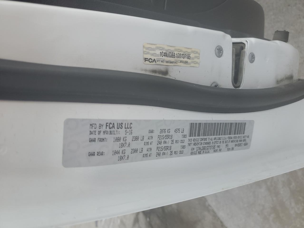 2016 Jeep Compass Sport VIN: 1C4NJDBB1GD737185 Lot: 71652685