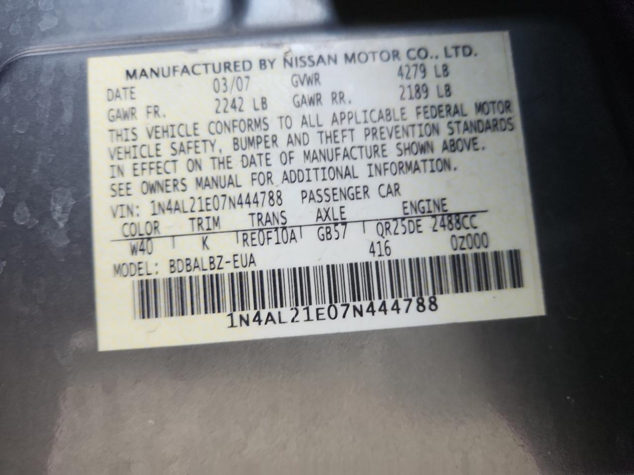 2007 Nissan Altima 2.5 VIN: 1N4AL21E07N444788 Lot: 84250755