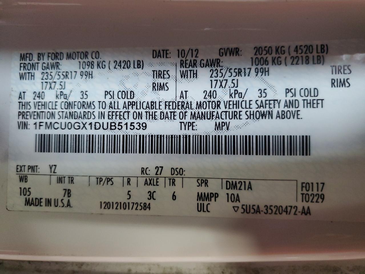 2013 Ford Escape Se VIN: 1FMCU0GX1DUB51539 Lot: 81942875