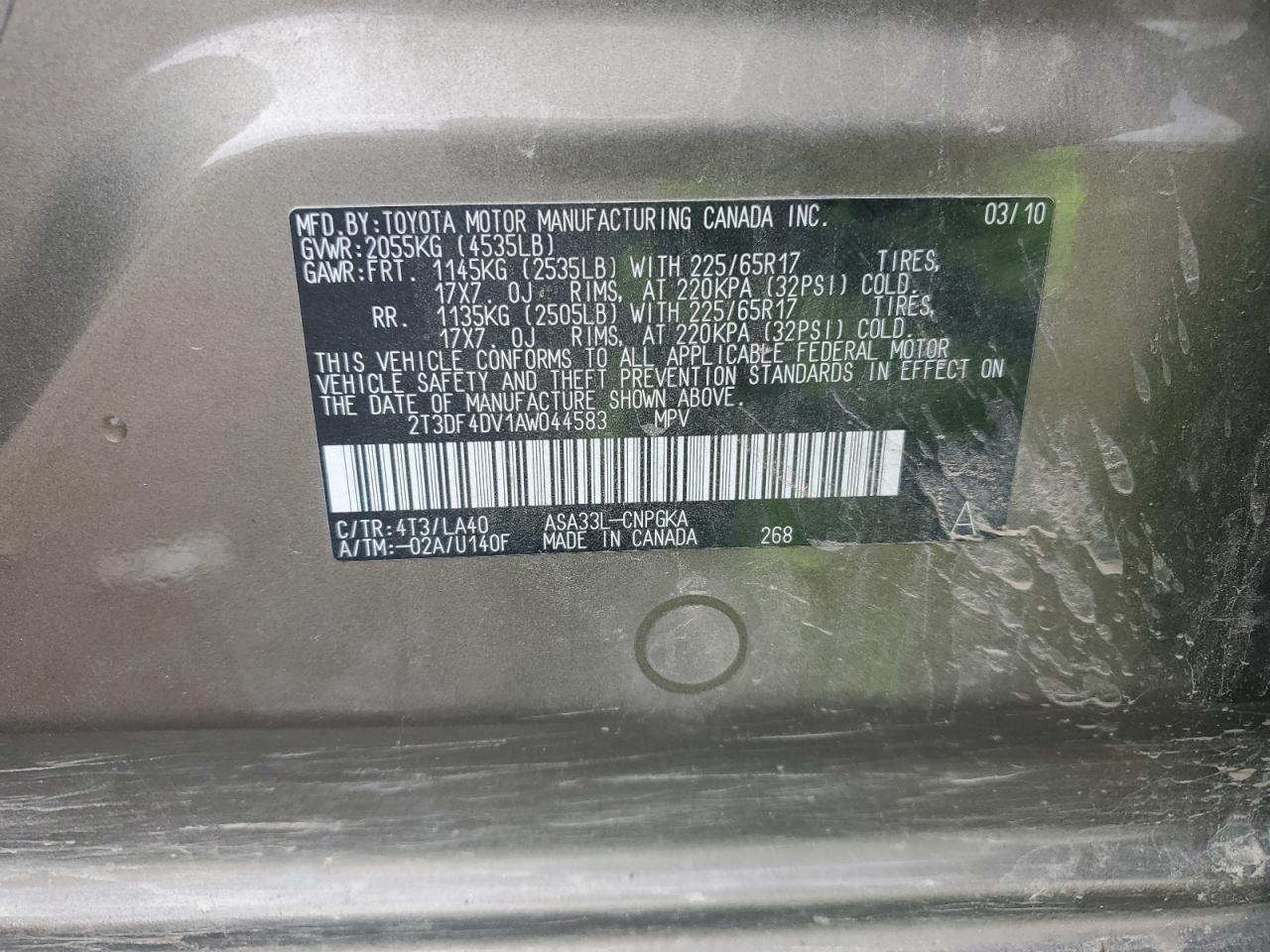 2010 Toyota Rav4 Limited VIN: 2T3DF4DV1AW044583 Lot: 80785795