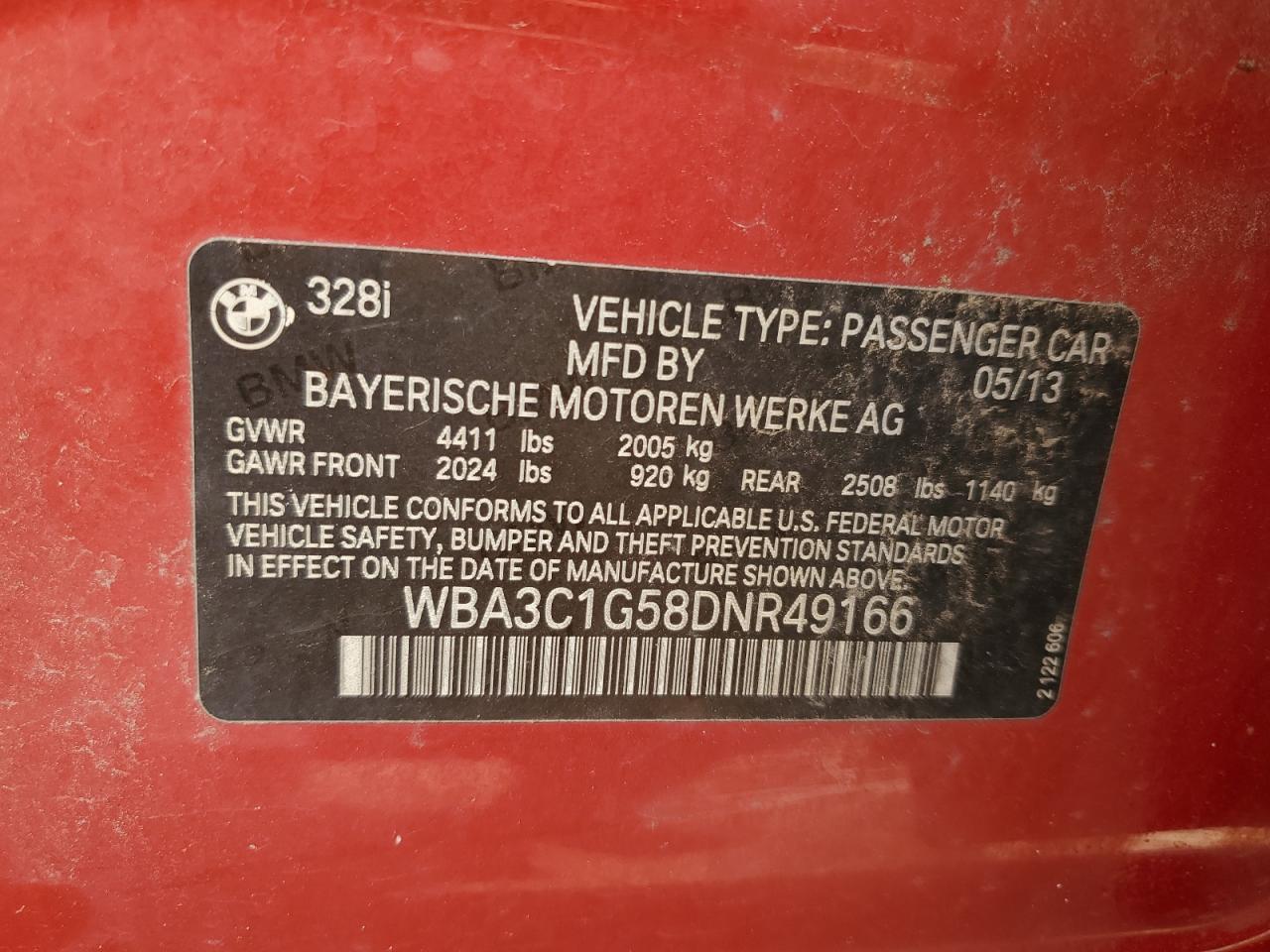 2013 BMW 328 I Sulev VIN: WBA3C1G58DNR49166 Lot: 81748475