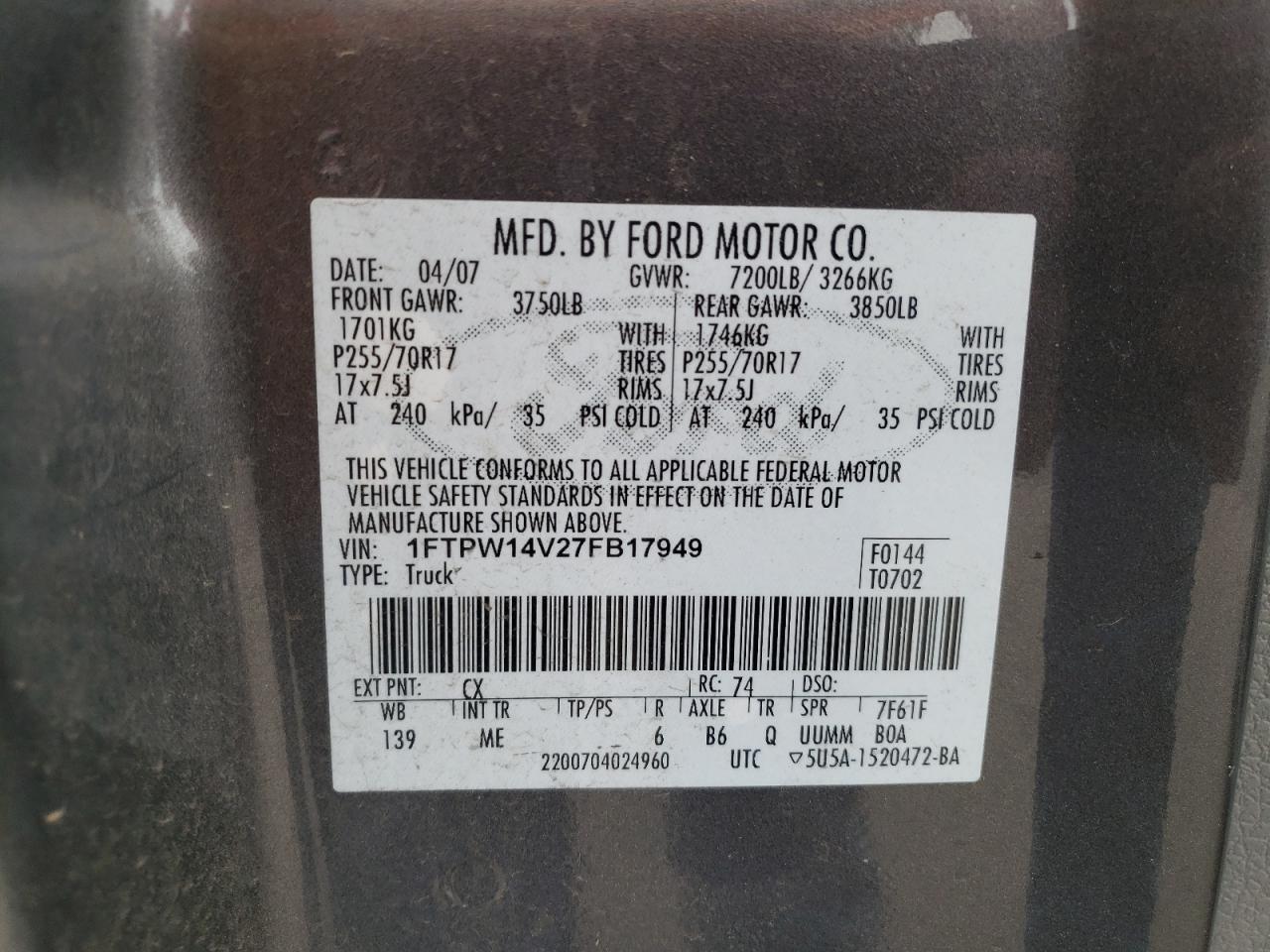 2007 Ford F150 Supercrew VIN: 1FTPW14V27FB17949 Lot: 71832485