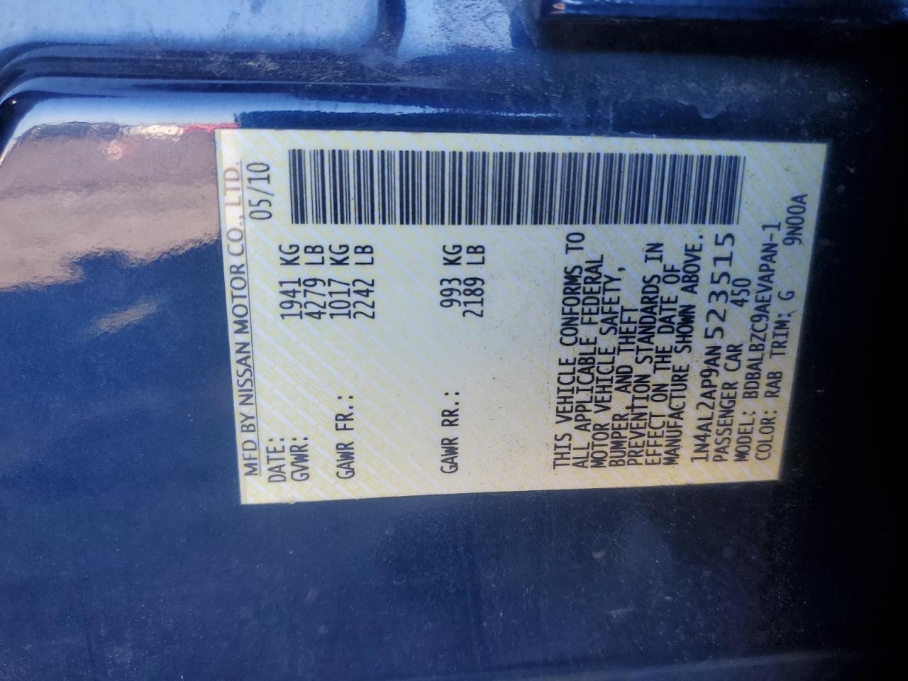 2010 Nissan Altima Base VIN: 1N4AL2AP9AN523515 Lot: 71955515