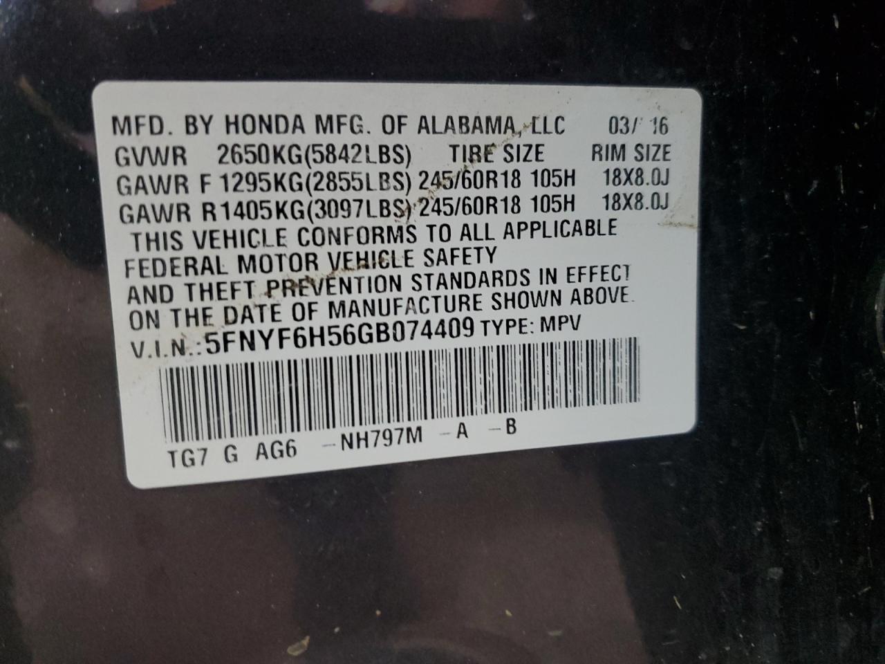 2016 Honda Pilot Exl VIN: 5FNYF6H56GB074409 Lot: 81845475