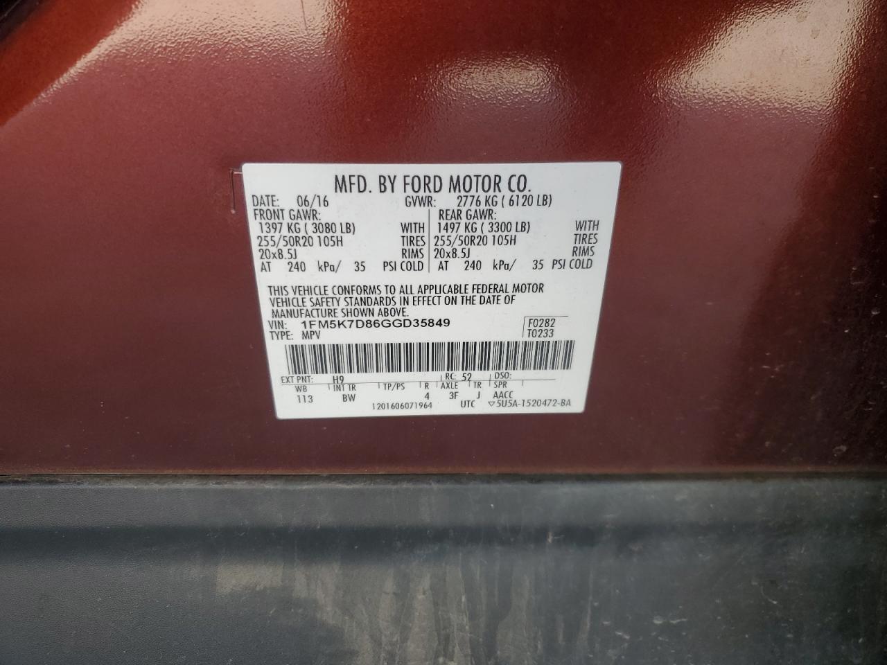 2016 Ford Explorer Xlt VIN: 1FM5K7D86GGD35849 Lot: 80856025