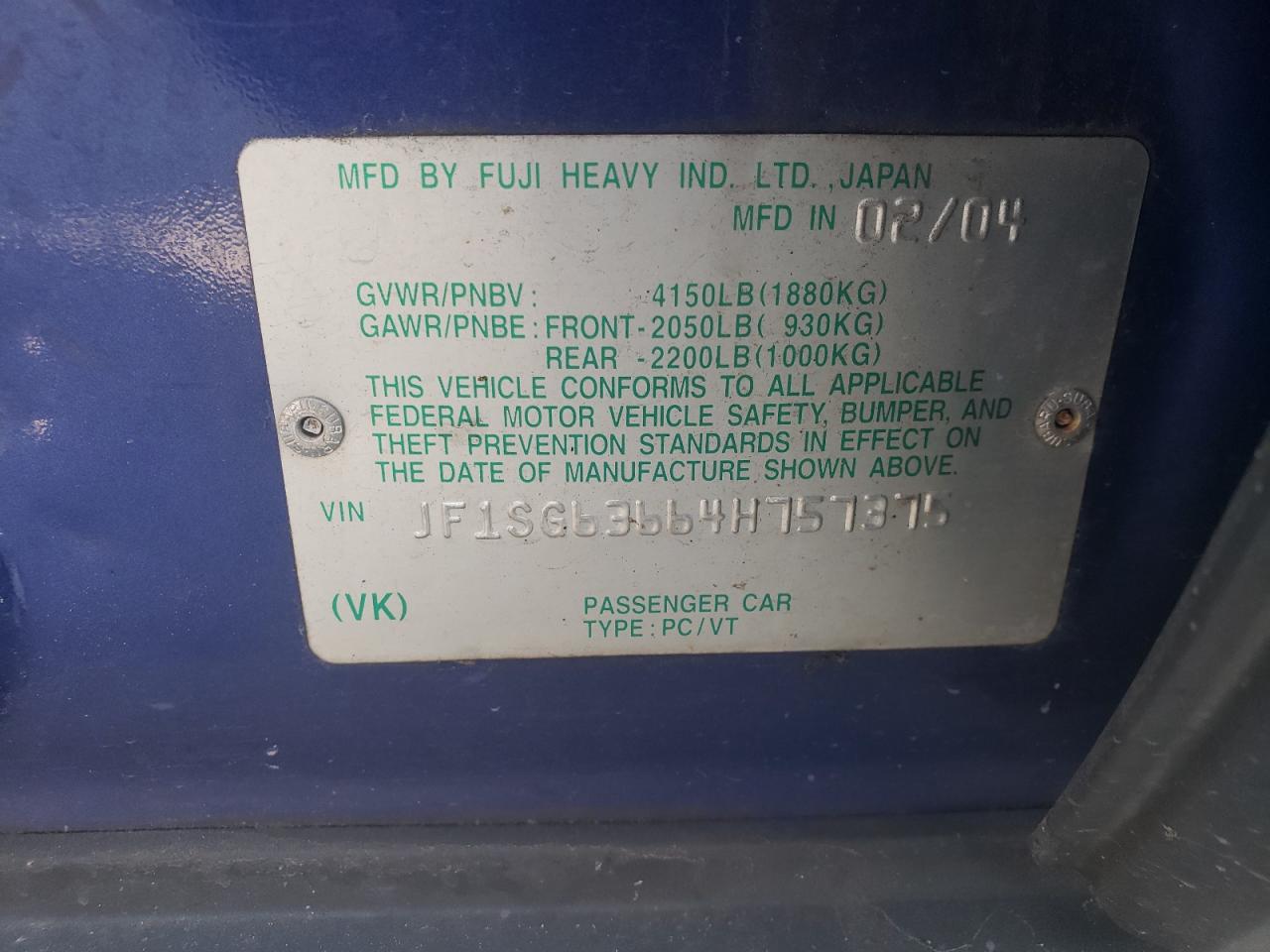 2004 Subaru Forester 2.5X VIN: JF1SG63664H757375 Lot: 86997905