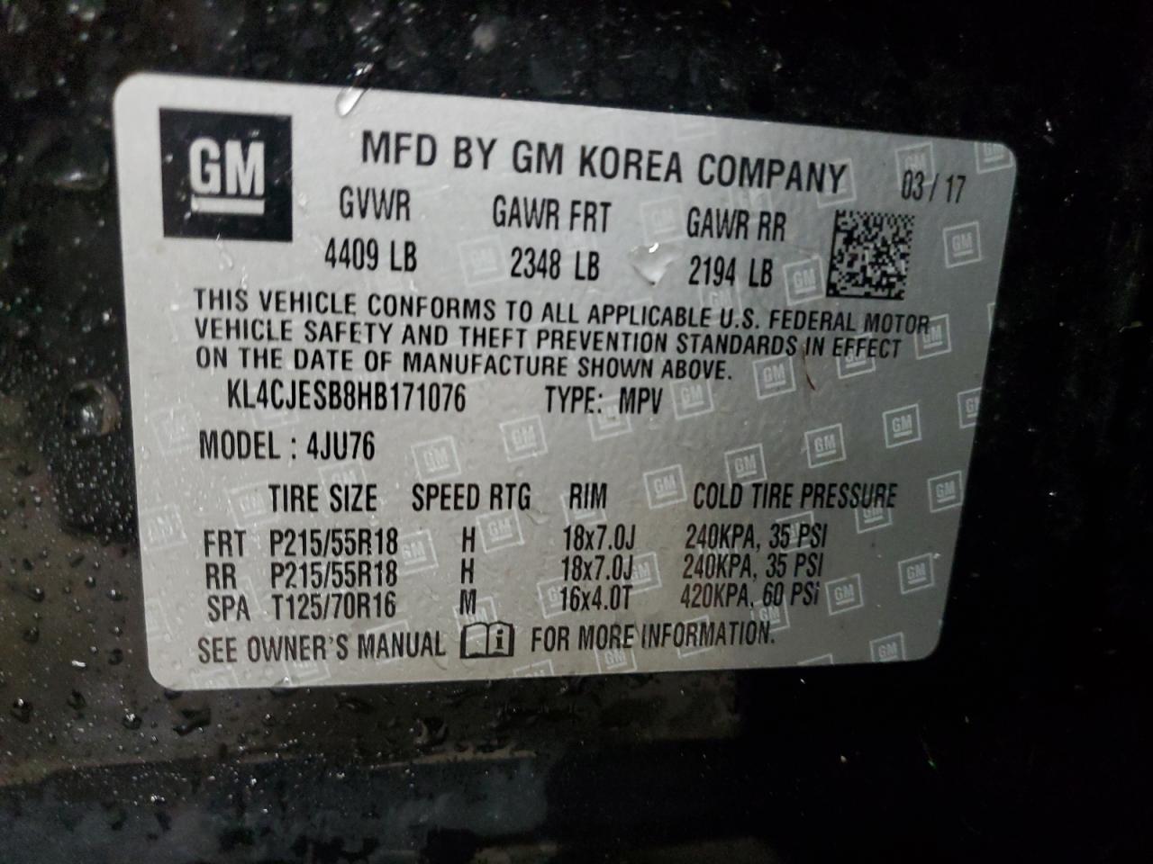 2017 Buick Encore Preferred VIN: KL4CJESB8HB171076 Lot: 71017275