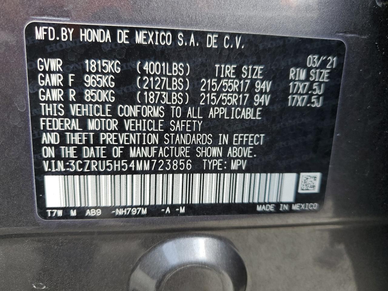 2021 Honda Hr-V Ex VIN: 3CZRU5H54MM723856 Lot: 80576055