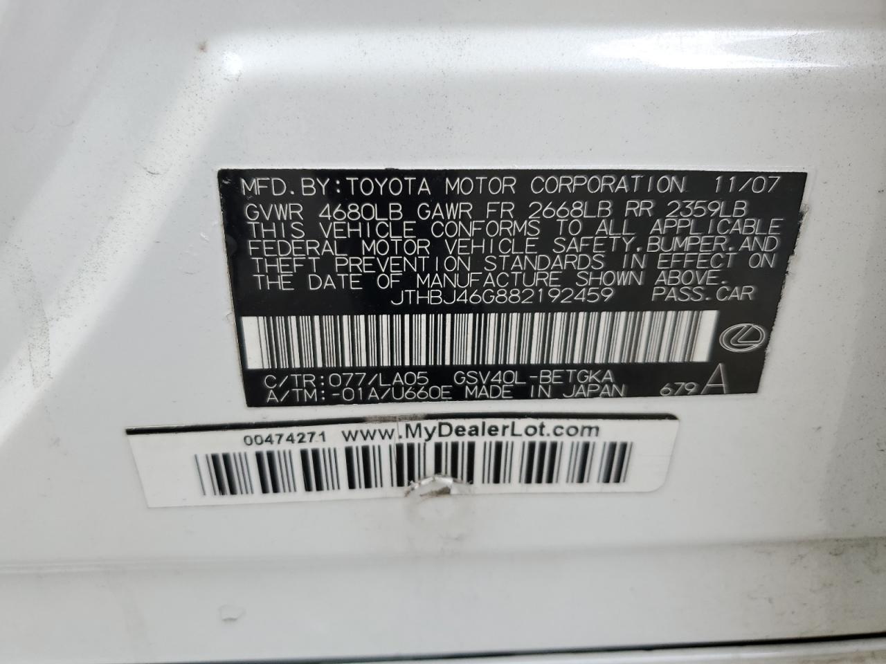 2008 Lexus Es 350 VIN: JTHBJ46G882192459 Lot: 70881895