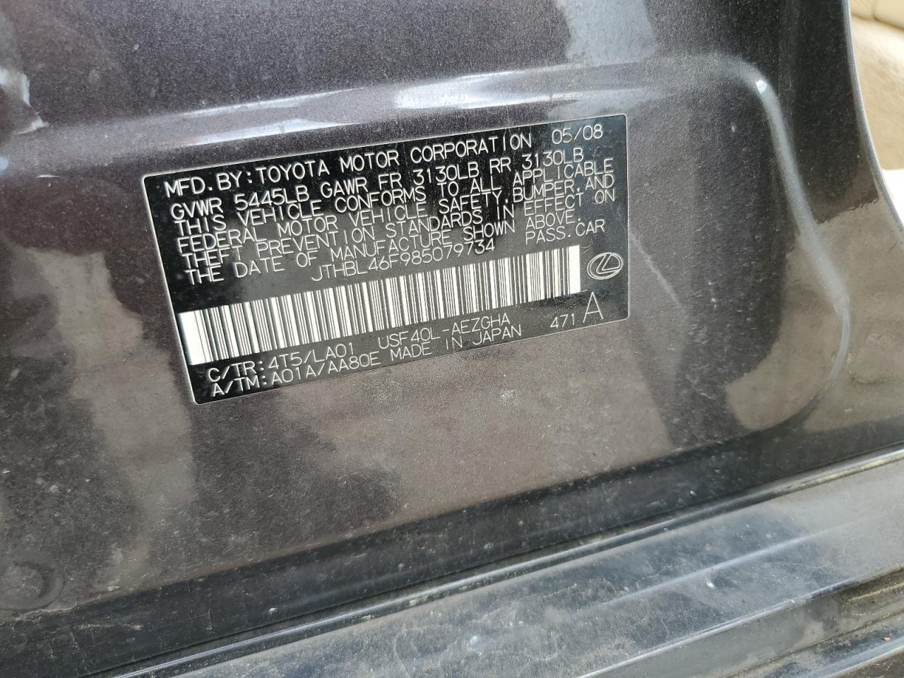 2008 Lexus Ls 460 VIN: JTHBL46F985079734 Lot: 83885985