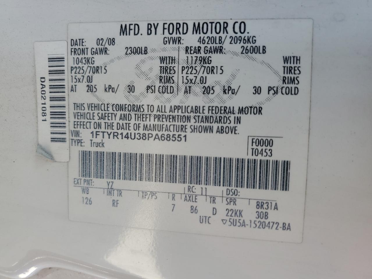 2008 Ford Ranger Super Cab VIN: 1FTYR14U38PA68551 Lot: 84709085