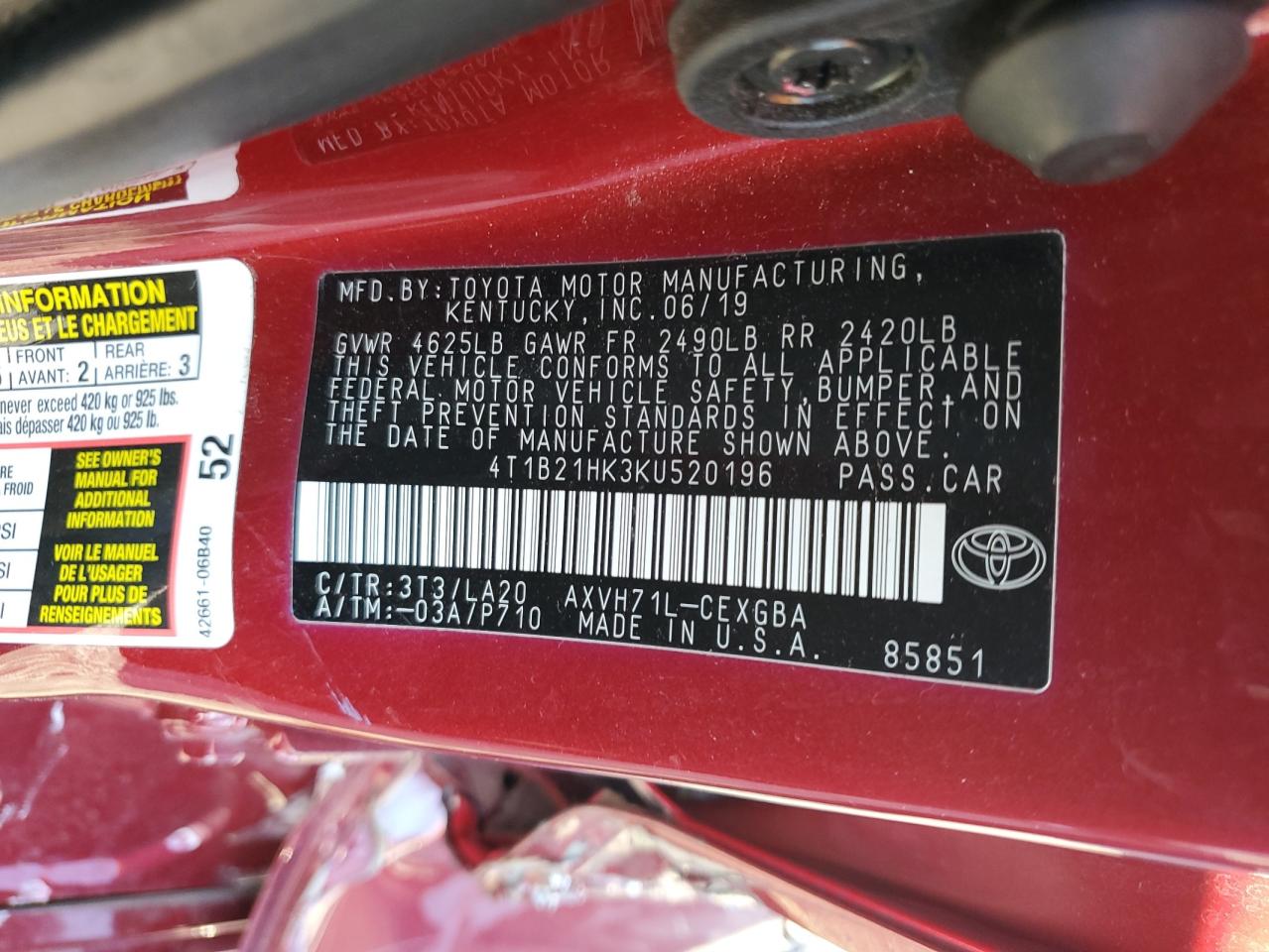 2019 Toyota Camry Hybrid VIN: 4T1B21HK3KU520196 Lot: 81698945