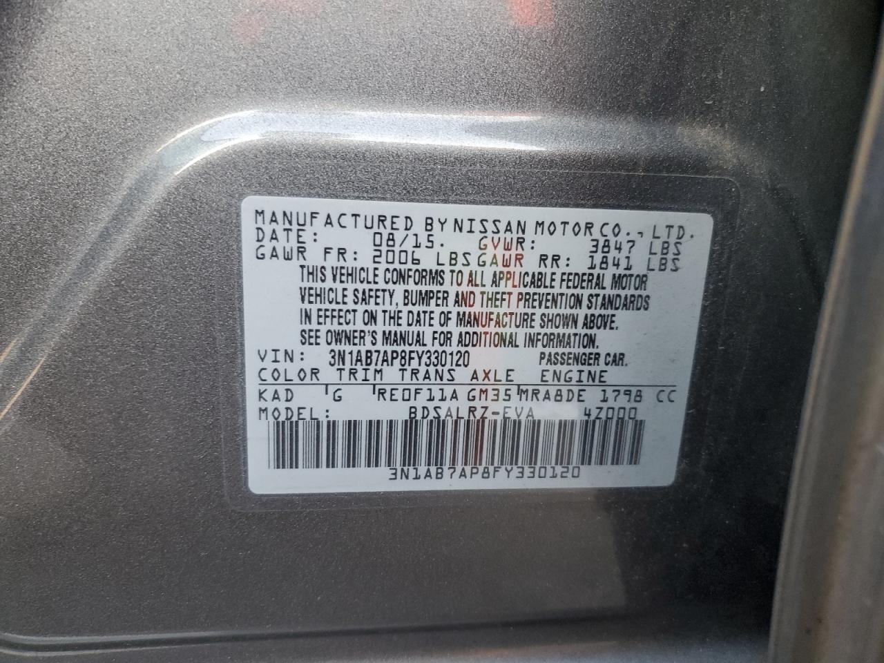 2015 Nissan Sentra S VIN: 3N1AB7AP8FY330120 Lot: 81343415