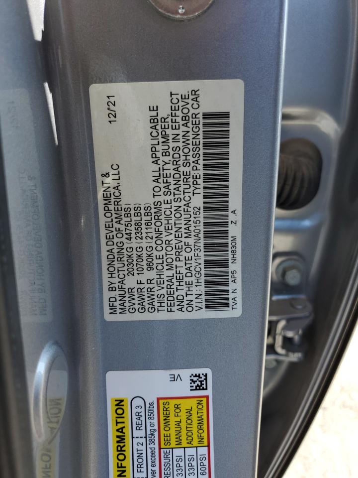 2022 Honda Accord Sport VIN: 1HGCV1F37NA015152 Lot: 80511515