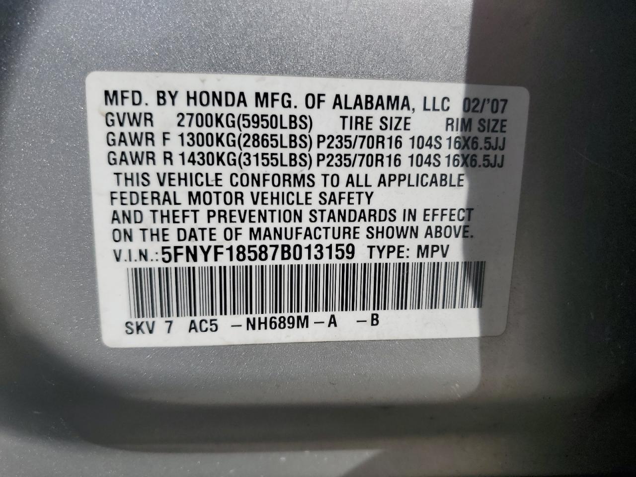 2007 Honda Pilot Exl VIN: 5FNYF18587B013159 Lot: 81607055