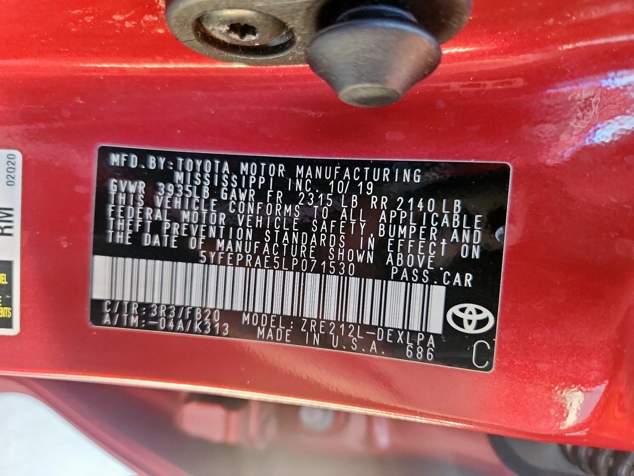 2020 Toyota Corolla Le VIN: 5YFEPRAE5LP071530 Lot: 71285315