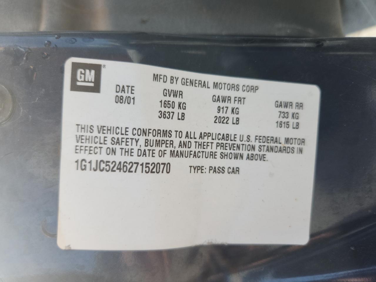 2002 Chevrolet Cavalier Base VIN: 1G1JC524627152070 Lot: 81333875