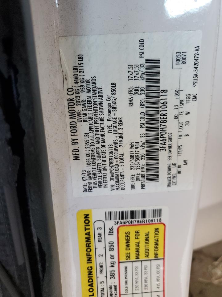 2014 Ford Fusion Se VIN: 3FA6P0H78ER106118 Lot: 71021305