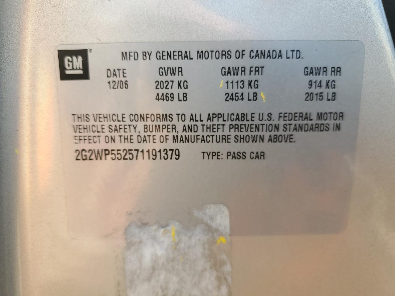 2007 Pontiac Grand Prix VIN: 2G2WP552571191379 Lot: 81881745