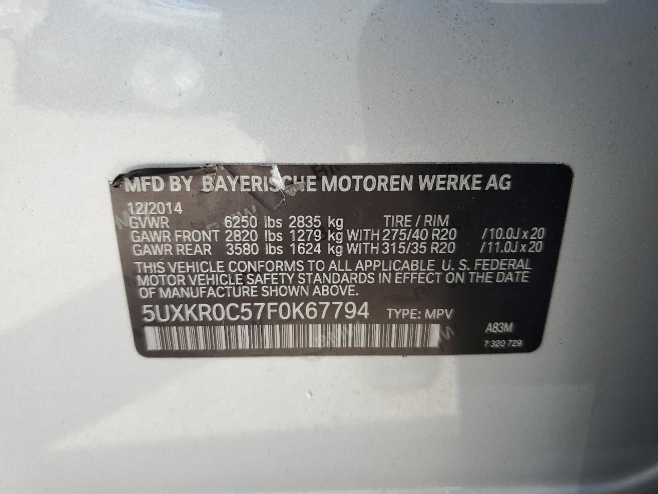 2015 BMW X5 xDrive35I VIN: 5UXKR0C57F0K67794 Lot: 71629615