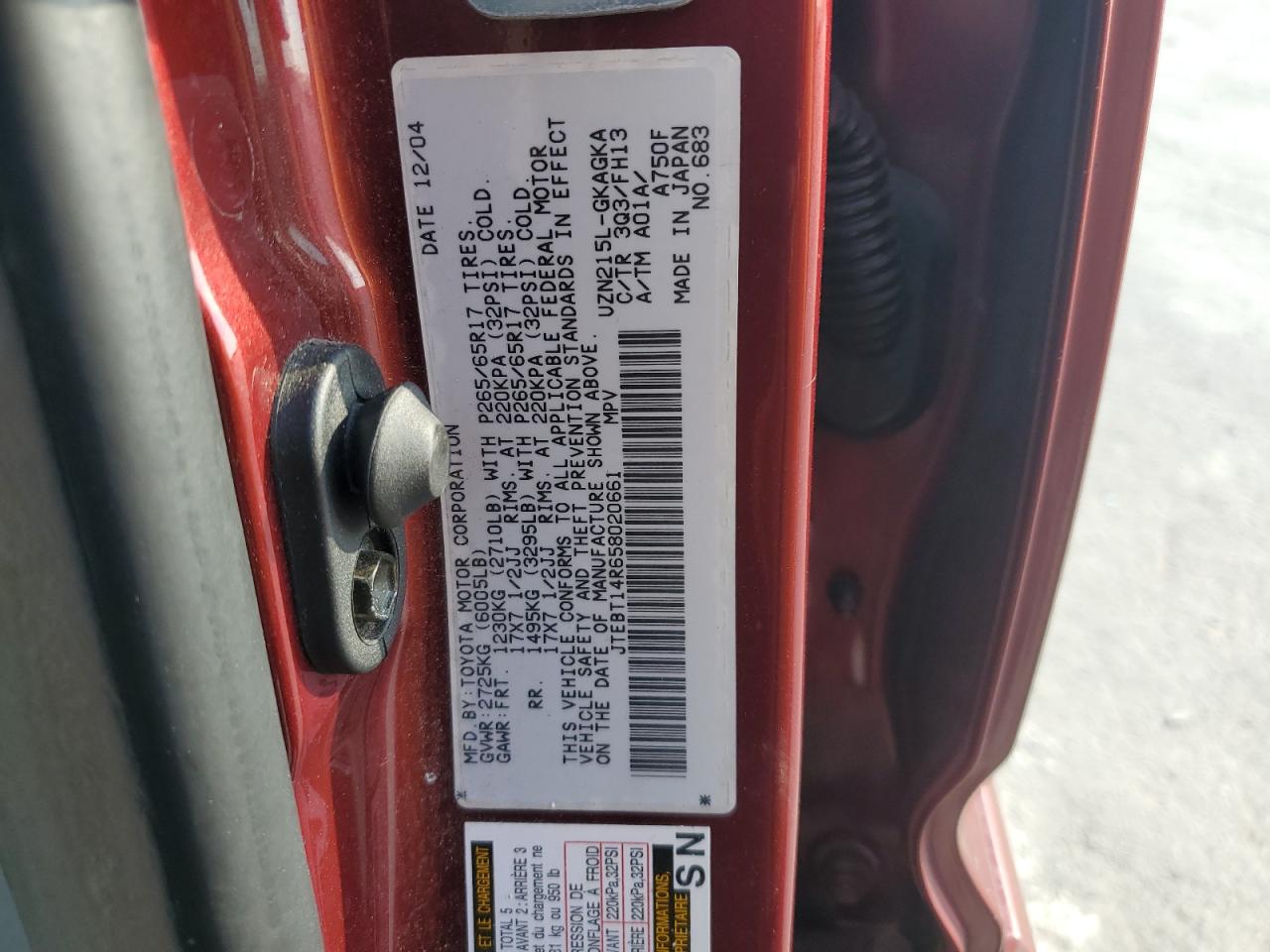 2005 Toyota 4Runner Sr5 VIN: JTEBT14R658020661 Lot: 84729365