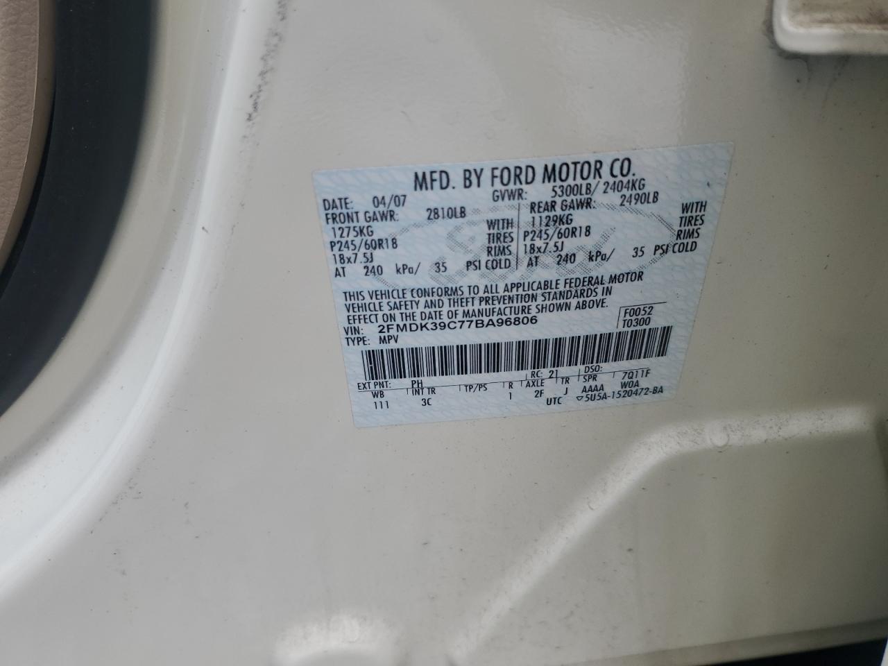 2007 Ford Edge Sel Plus VIN: 2FMDK39C77BA96806 Lot: 84254535