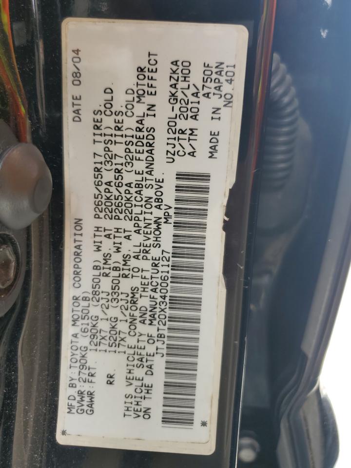 2004 Lexus Gx 470 VIN: JTJBT20X340061127 Lot: 69930205