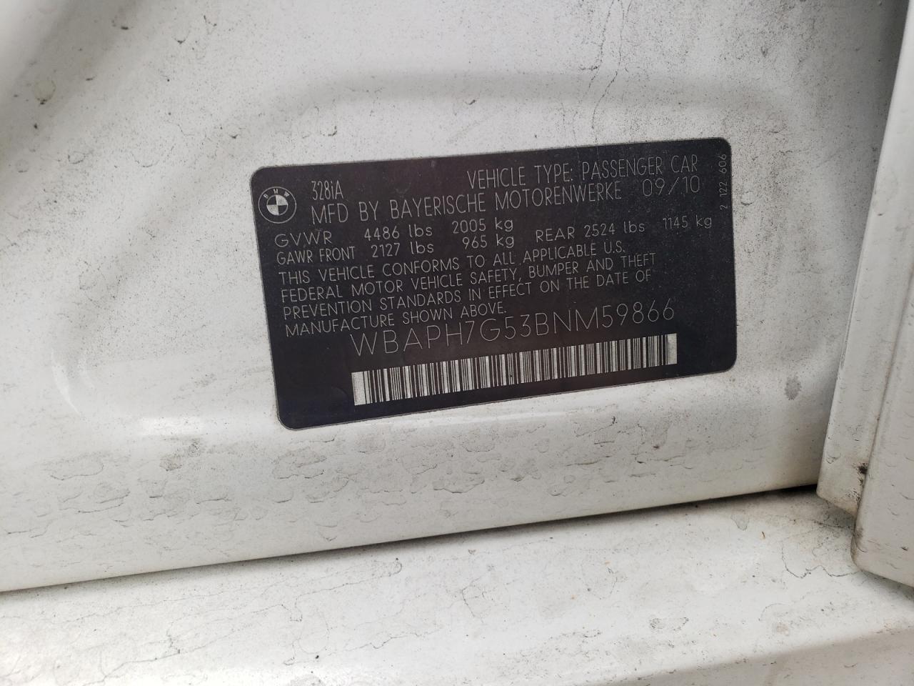 2011 BMW 328 I VIN: WBAPH7G53BNM59866 Lot: 81849245