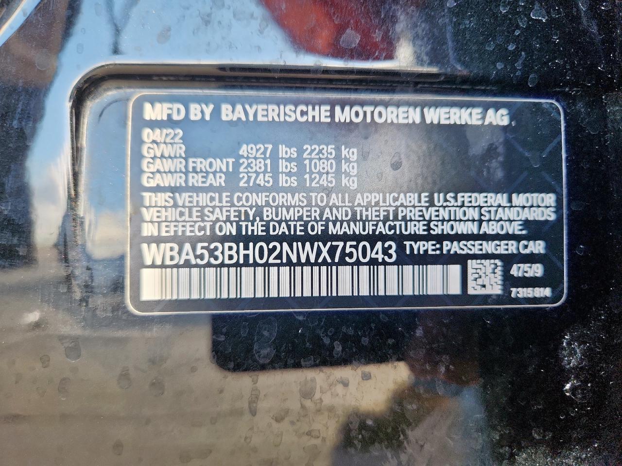 2022 BMW 530 I VIN: WBA53BH02NWX75043 Lot: 82035635