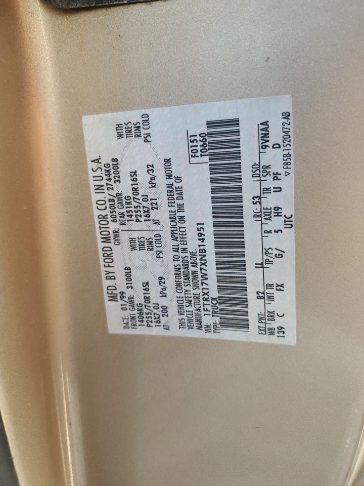 1999 Ford F150 VIN: 1FTRX17W7XNB14951 Lot: 84006255