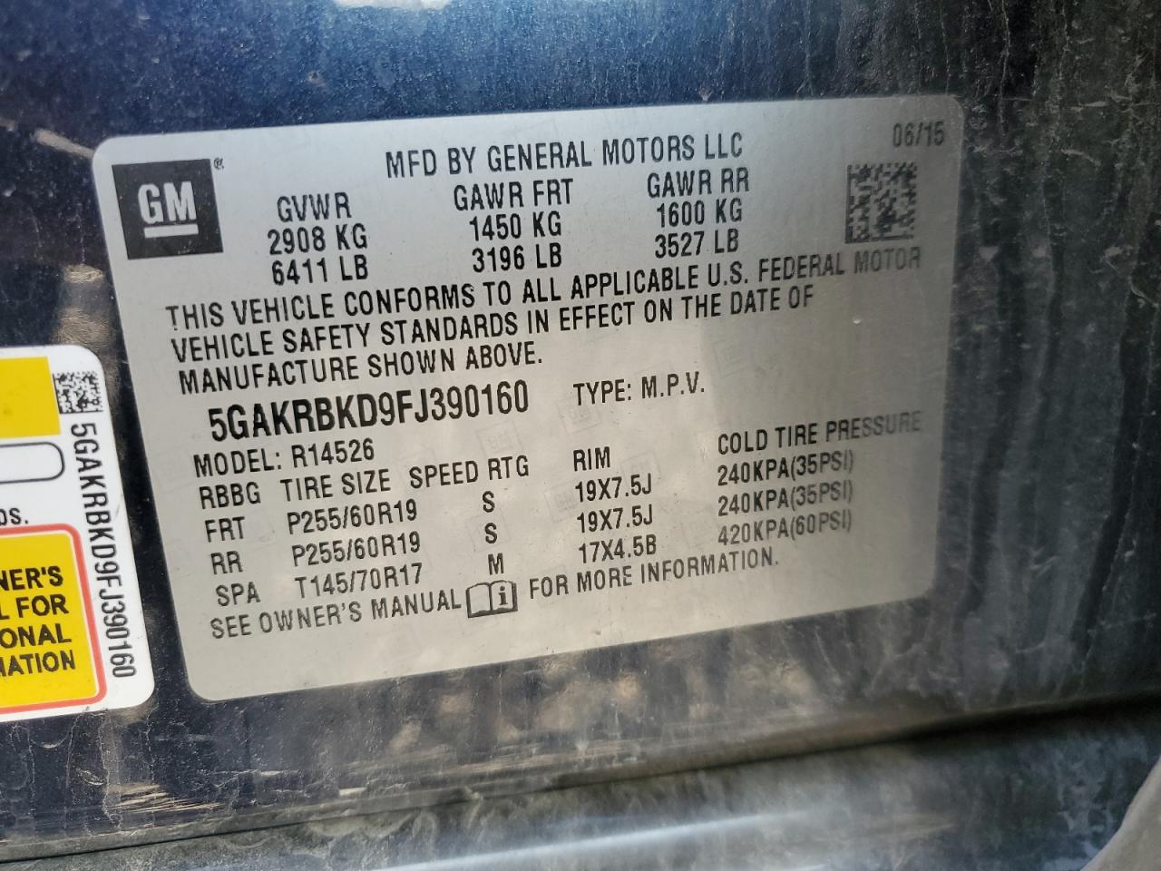 2015 Buick Enclave VIN: 5GAKRBKD9FJ390160 Lot: 81774525