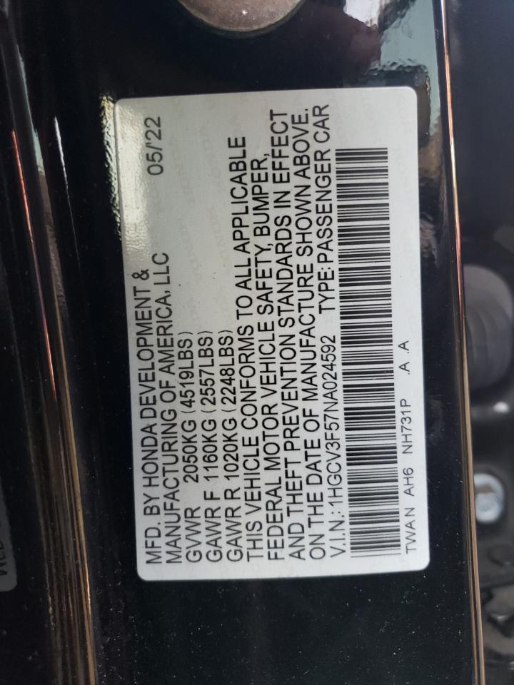 2022 Honda Accord Hybrid Exl VIN: 1HGCV3F57NA024592 Lot: 80906465