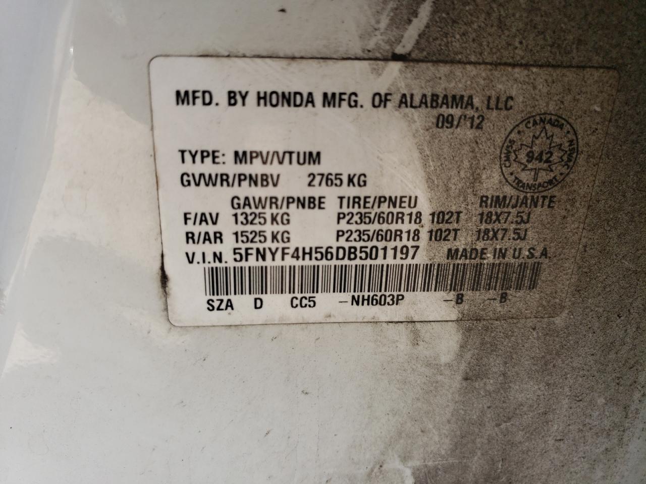 2013 Honda Pilot Exl VIN: 5FNYF4H56DB501197 Lot: 80065035