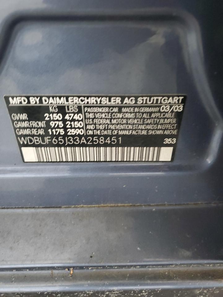2003 Mercedes-Benz E 320 VIN: WDBUF65J33A258451 Lot: 80789425