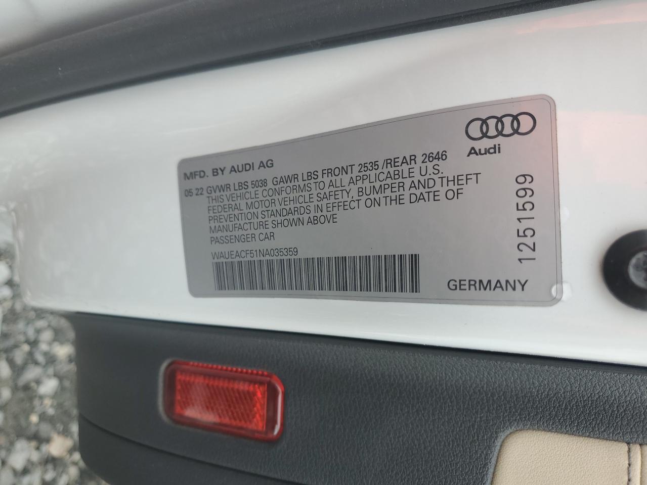 2022 Audi A5 Prestige 45 VIN: WAUEACF51NA035359 Lot: 83982105