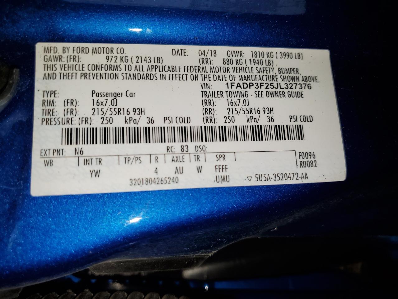 2018 Ford Focus Se VIN: 1FADP3F25JL327376 Lot: 80508545